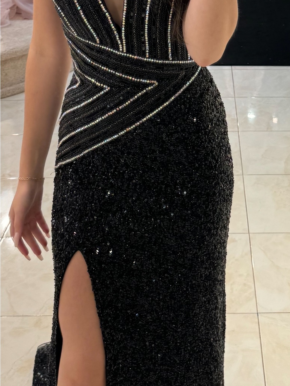 Portia and Scarlett Black Sequin Plunge Gown with Beaded Accents
